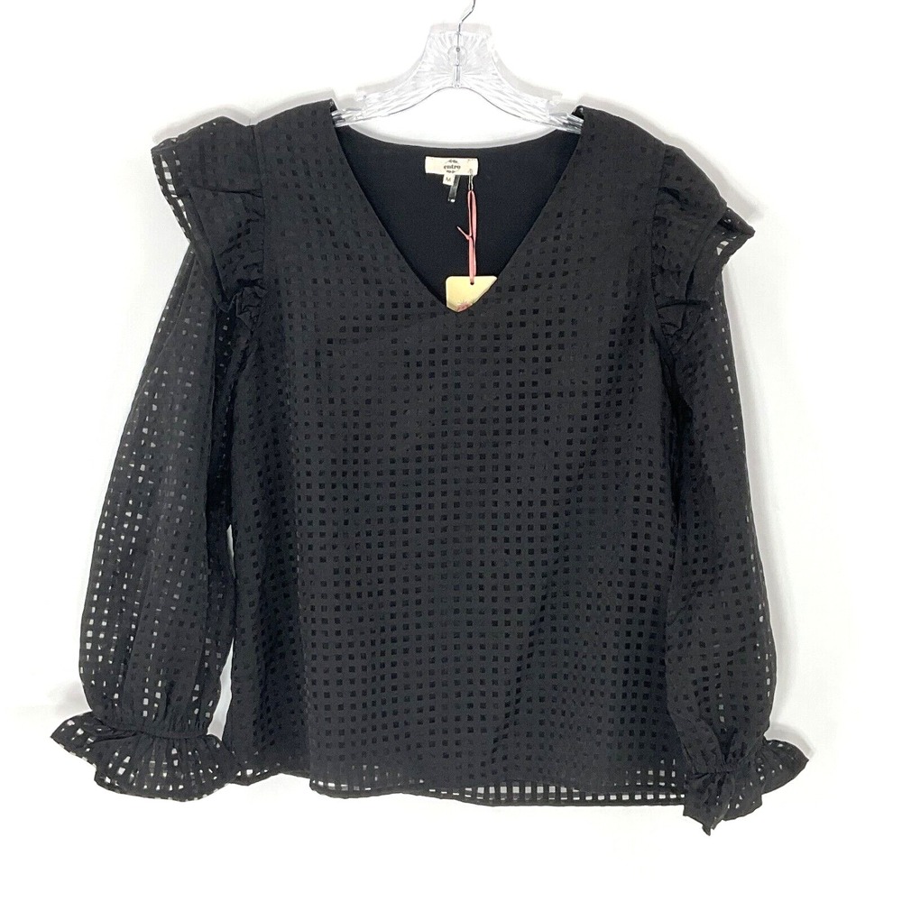 Entro Top Women Medium Black Ruffle Shoulder V-Neck Lined Open